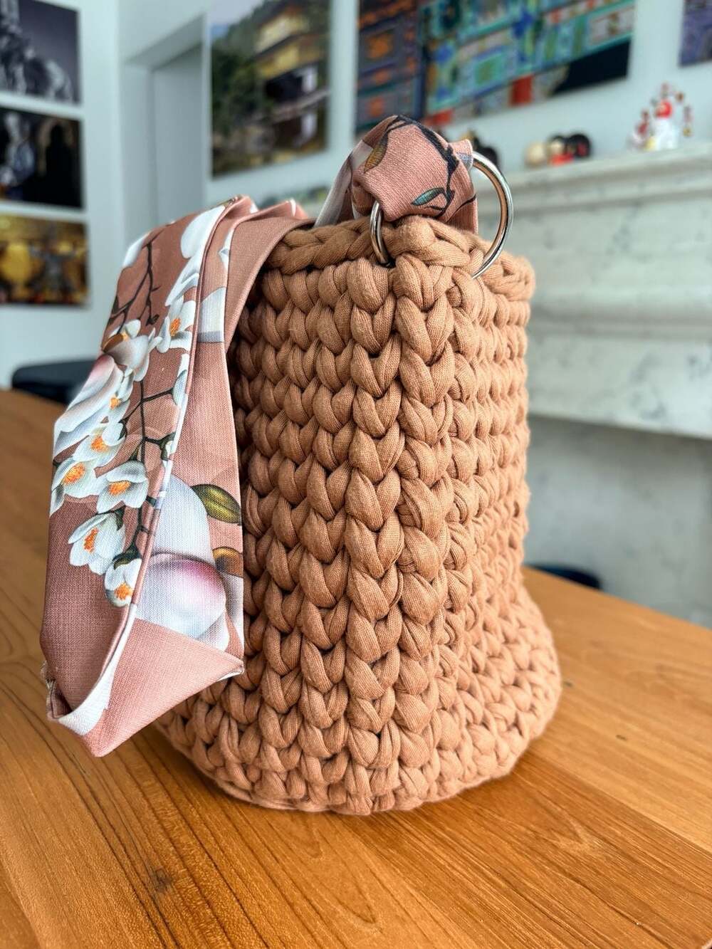 Handmade Boho Cottagecore Crochet Bucket Bag with Floral Print Ribbon Strap - Picture 4 of 9